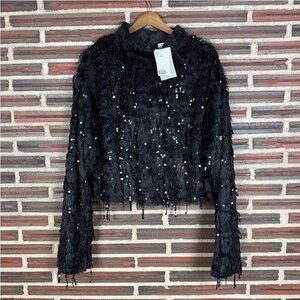 H&M black fuzzy sequin top xxl